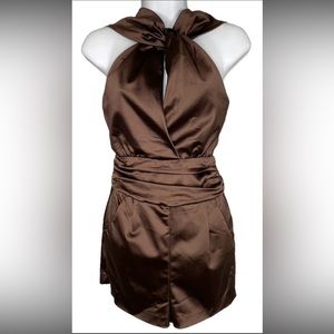 BEBE Vintage Brown Satin Halter Knot Front Stretch Romper Short